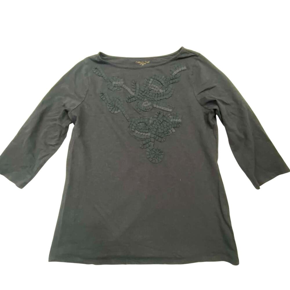 Coldwater Creek Women's Black 3/4 Sleeve Top with Floral Ribbed Embellishment